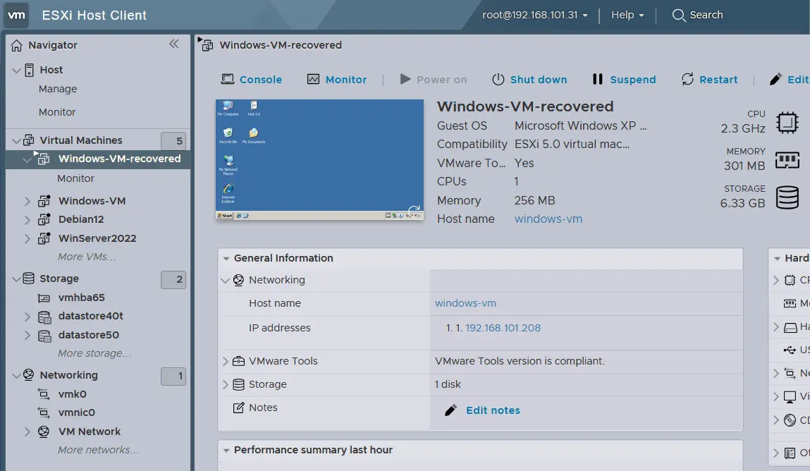 The recovered VM is running on an ESXi host