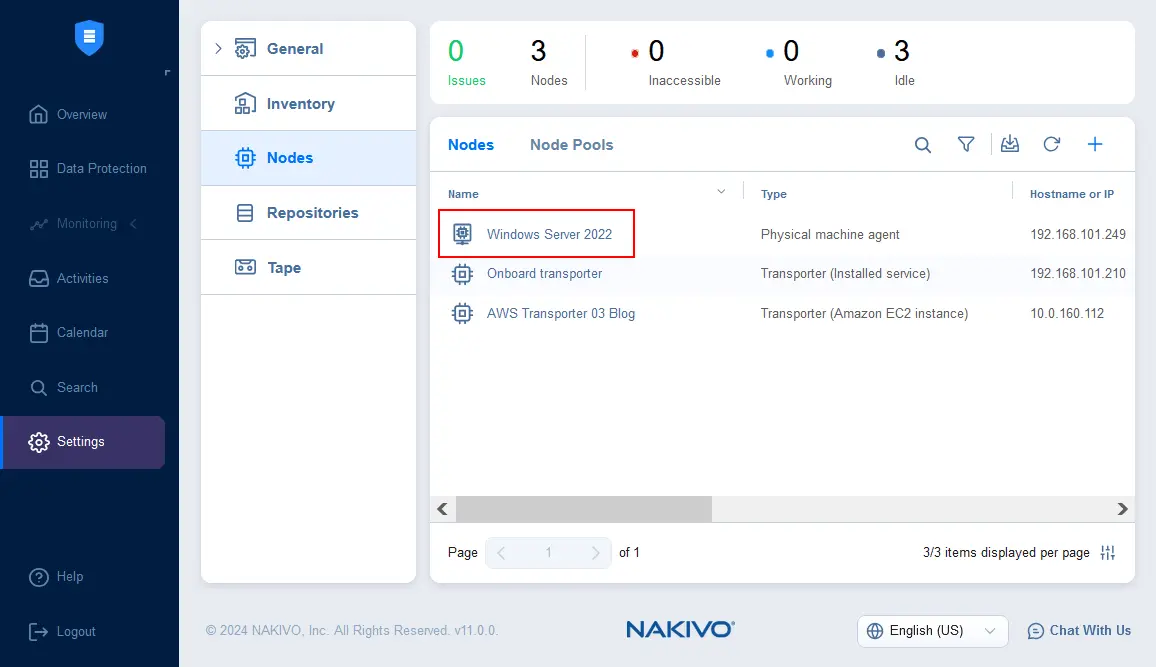 A Transporter agent is installed on a physical Windows Server machine