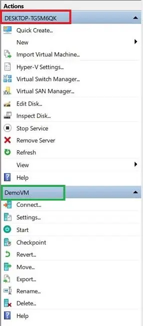 Actions in Hyper-V Manager