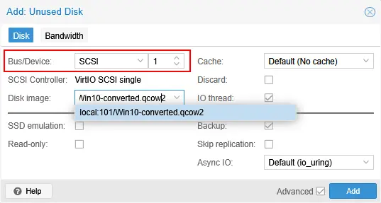 Attaching the converted virtual disk to the SCSI controller and bus