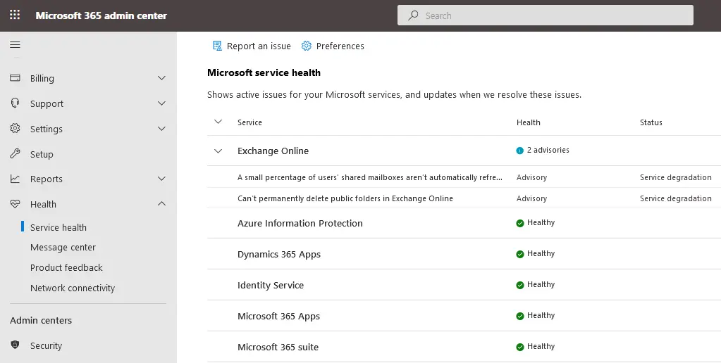 Checking service health to identify Microsoft O365 issues