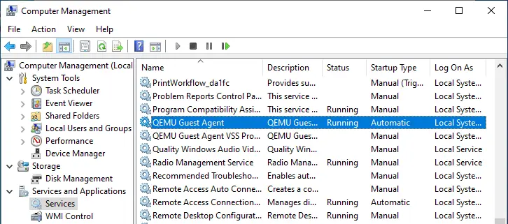 Checking the QEMU Guest Agent service in Windows