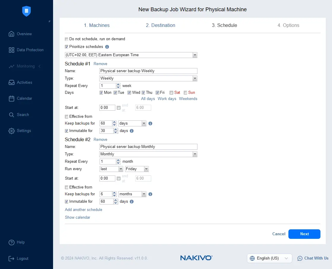 Configuring scheduling and retention