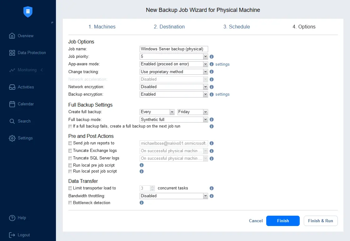 Configuring server backup options in the NAKIVO solution