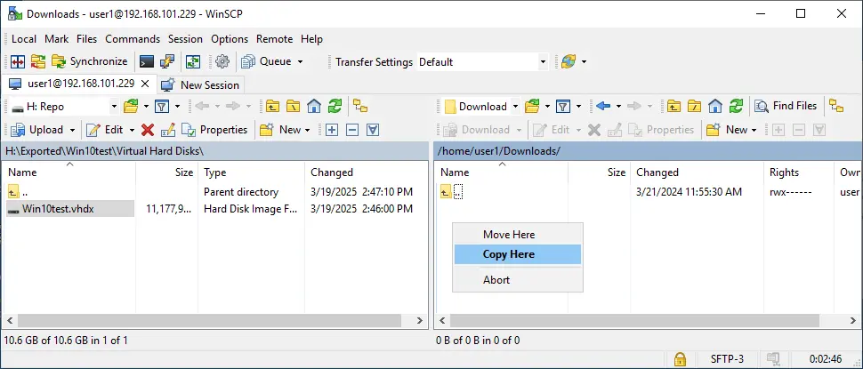 Copying the virtual disk to the Proxmox host