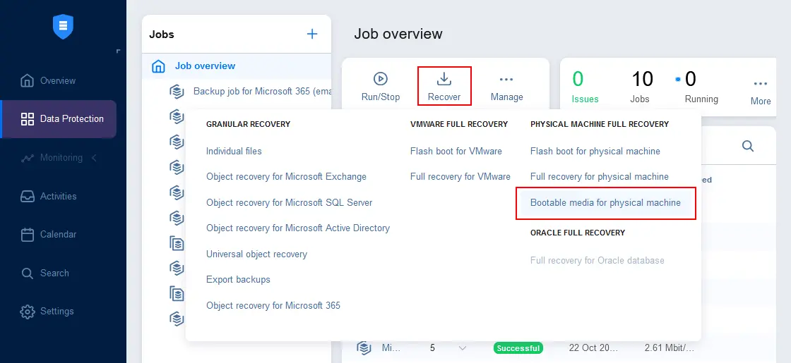 Create a bootable media for physical machine recovery