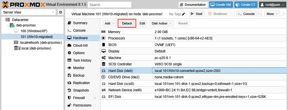 Detaching the converted virtual disk from the VMr