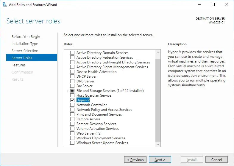 Installing Hyper-V on Windows Server 2022
