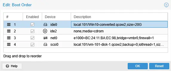 Moving the converted virtual disk to the top of the boot order list