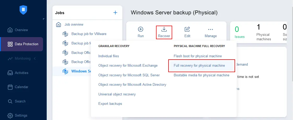 perform full recovery of a physical machine to a virtual machine