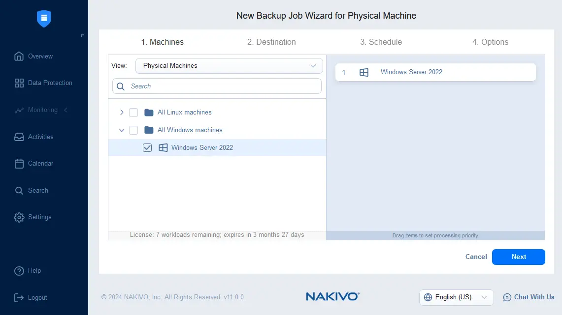 Selecting a physical machine to back up