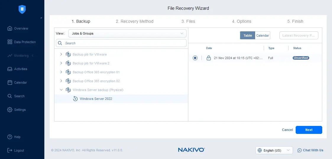Selecting a physical server backup