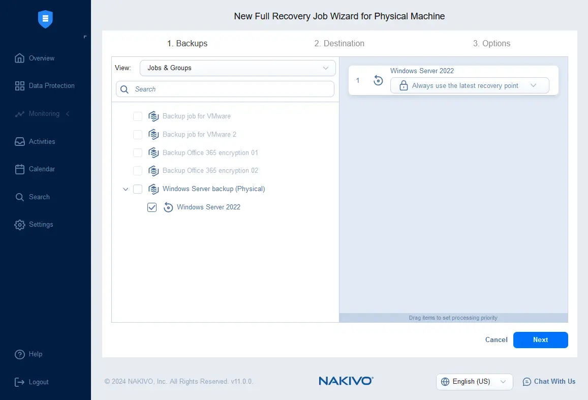 Selecting a Windows server backup and a recovery point
