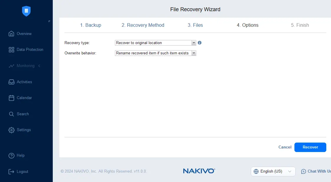 Selecting file recovery options