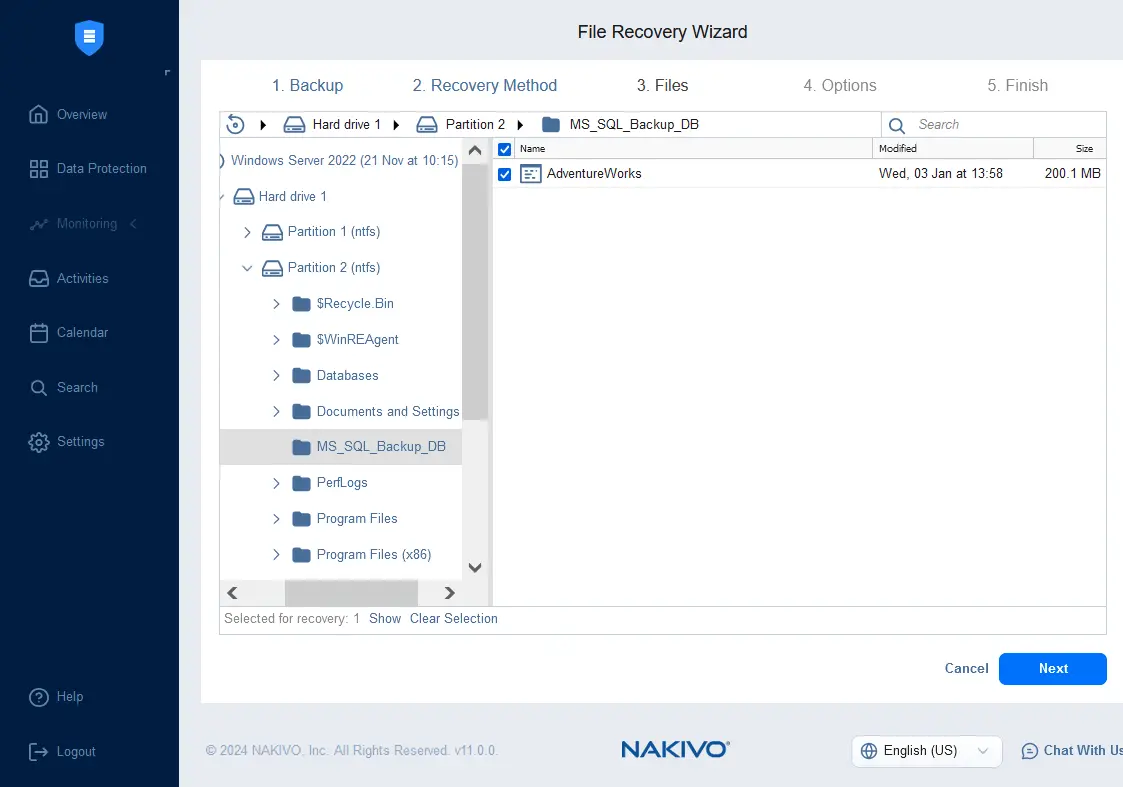 Selecting files to recover