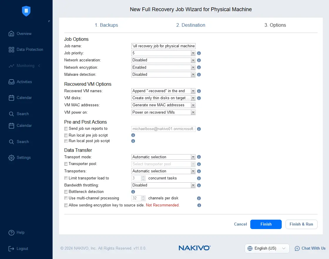 Selecting options for full server recovery to a virtual machine