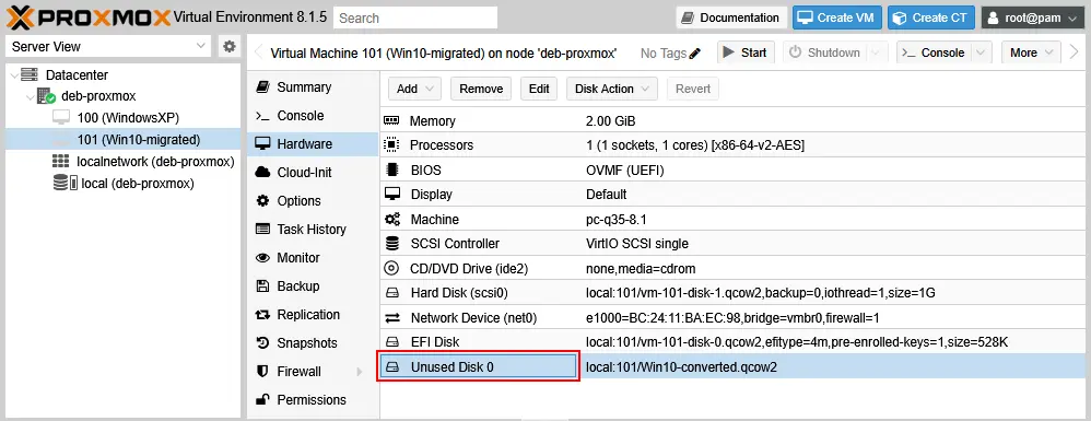 Selecting the converted virtual disk to attach it to the VM