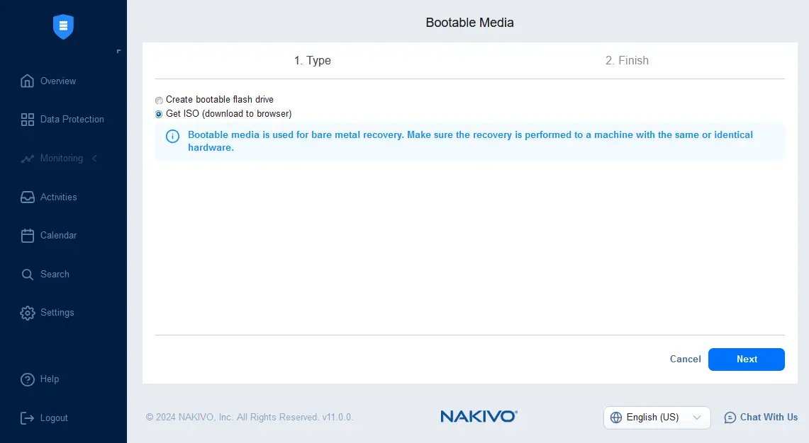 Selecting the type of the bootable media