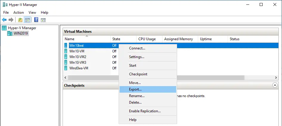 Starting to export the Hyper-V VM