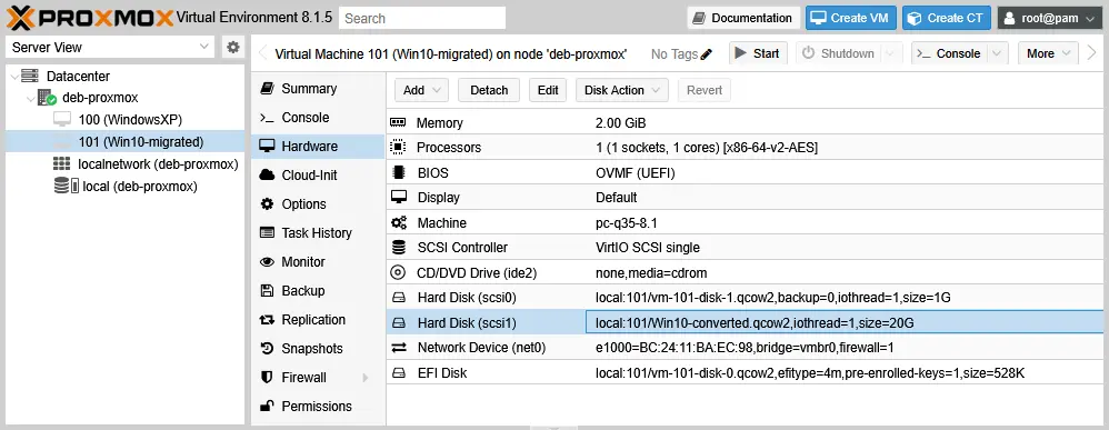 The converted virtual disk is attached to the Proxmox VM as a SCSI disk