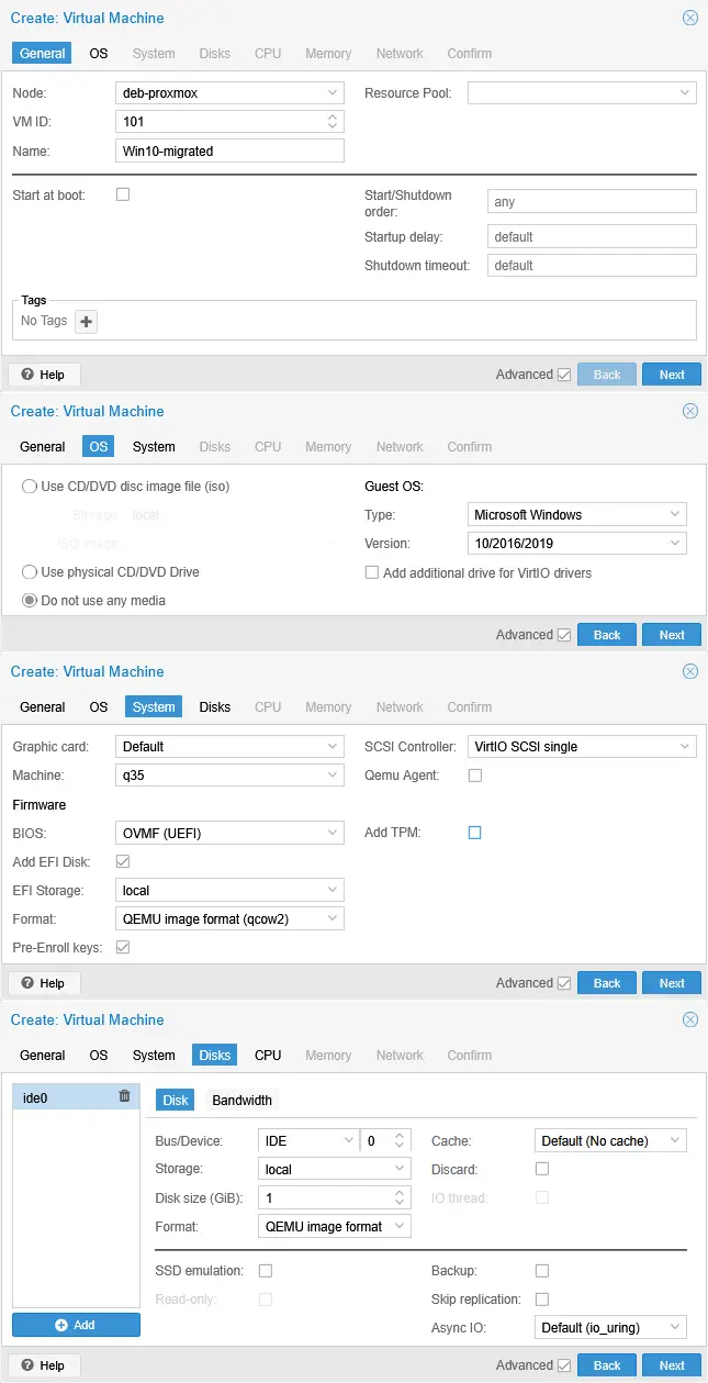 VM configuration in the Proxmox VM creation wizard