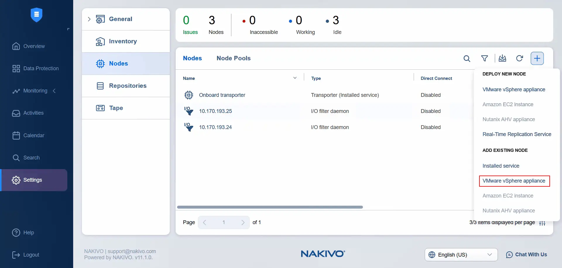 Adding a VMware vSphere appliance to the nodes