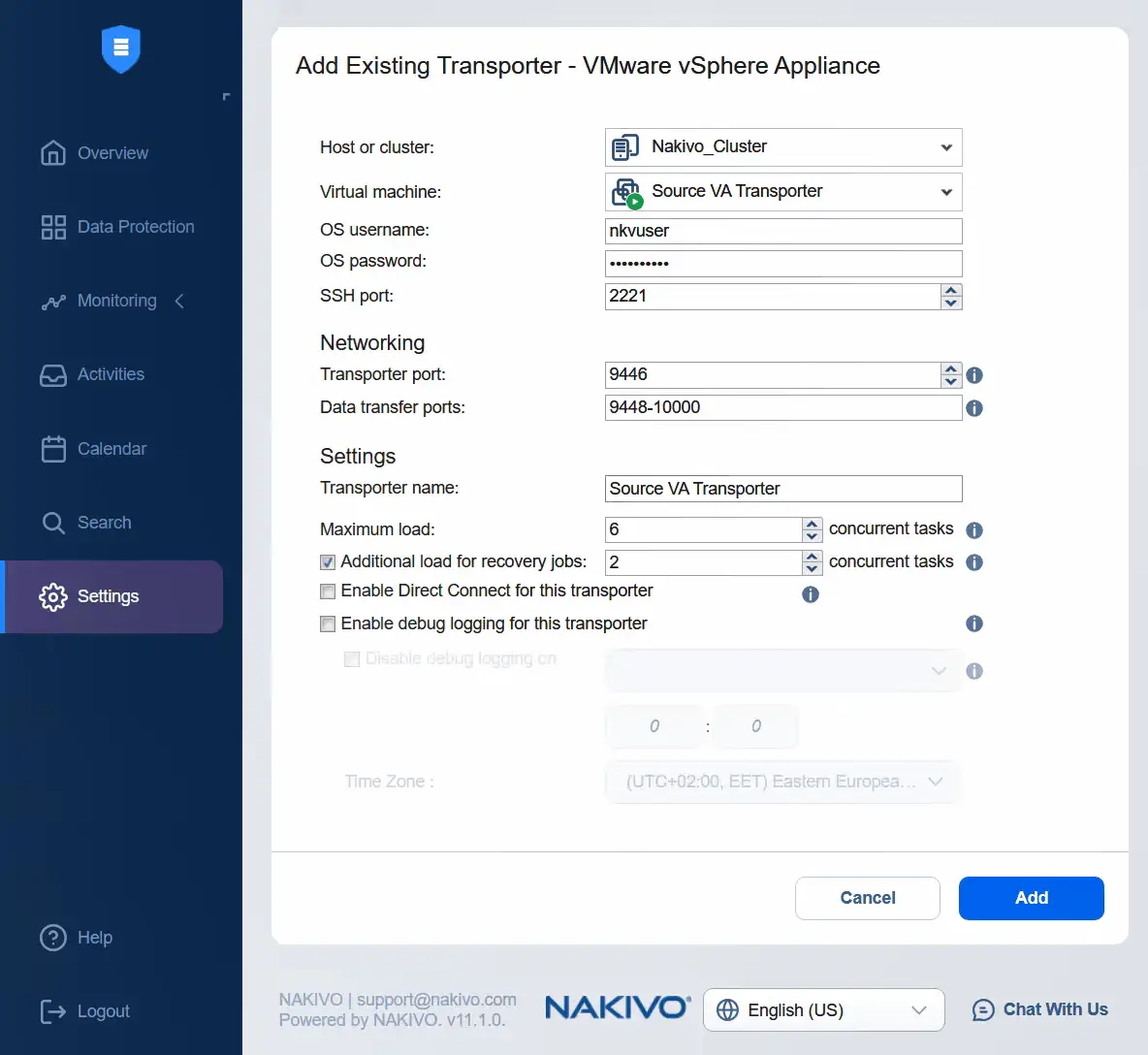 Adding the source virtual appliance Transporter