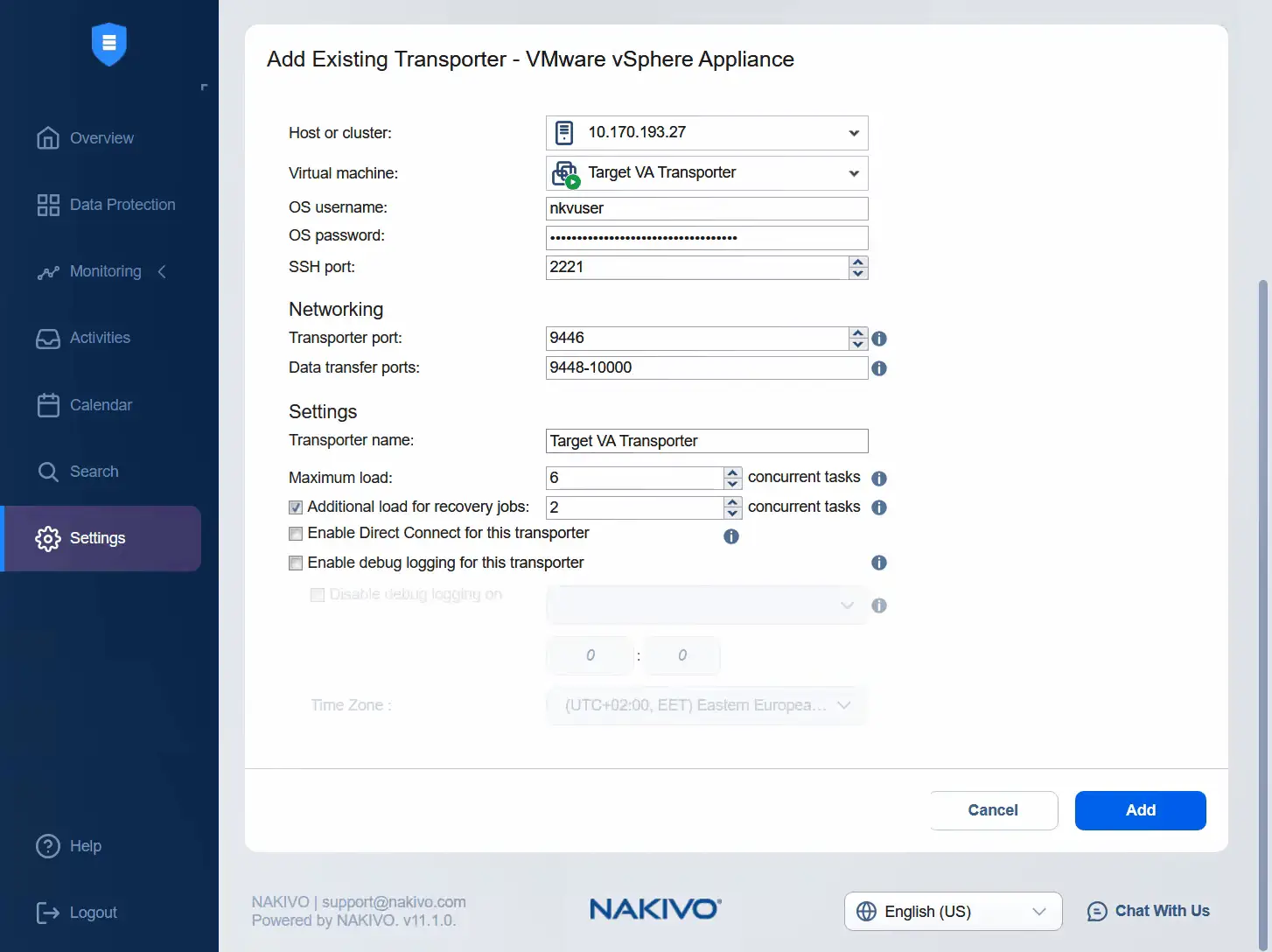 Adding the target virtual appliance Transporter