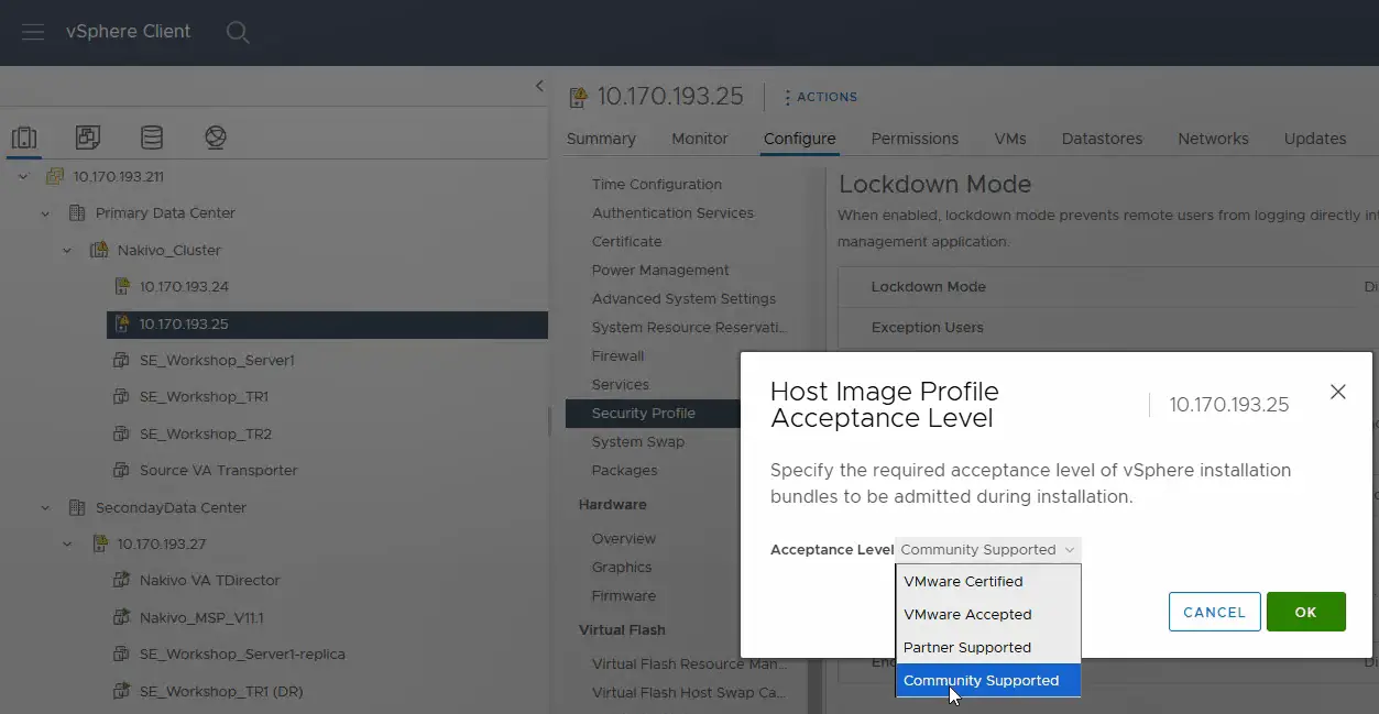 Changing the host image profile acceptance level on the second ESXi host