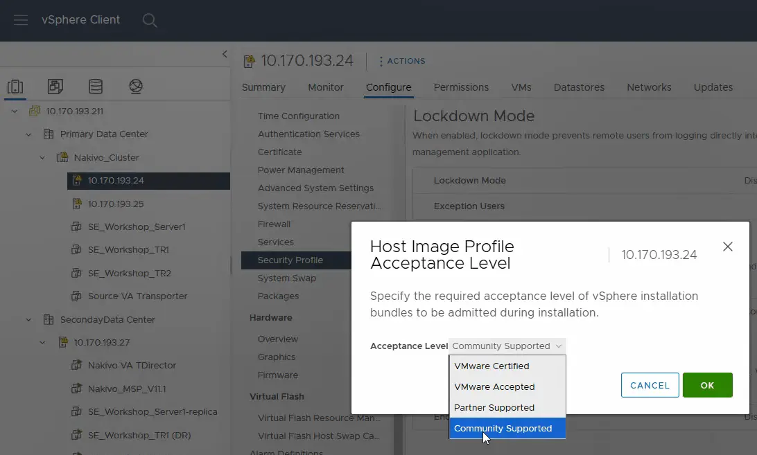 Changing the host image profile acceptance level to Community Supported
