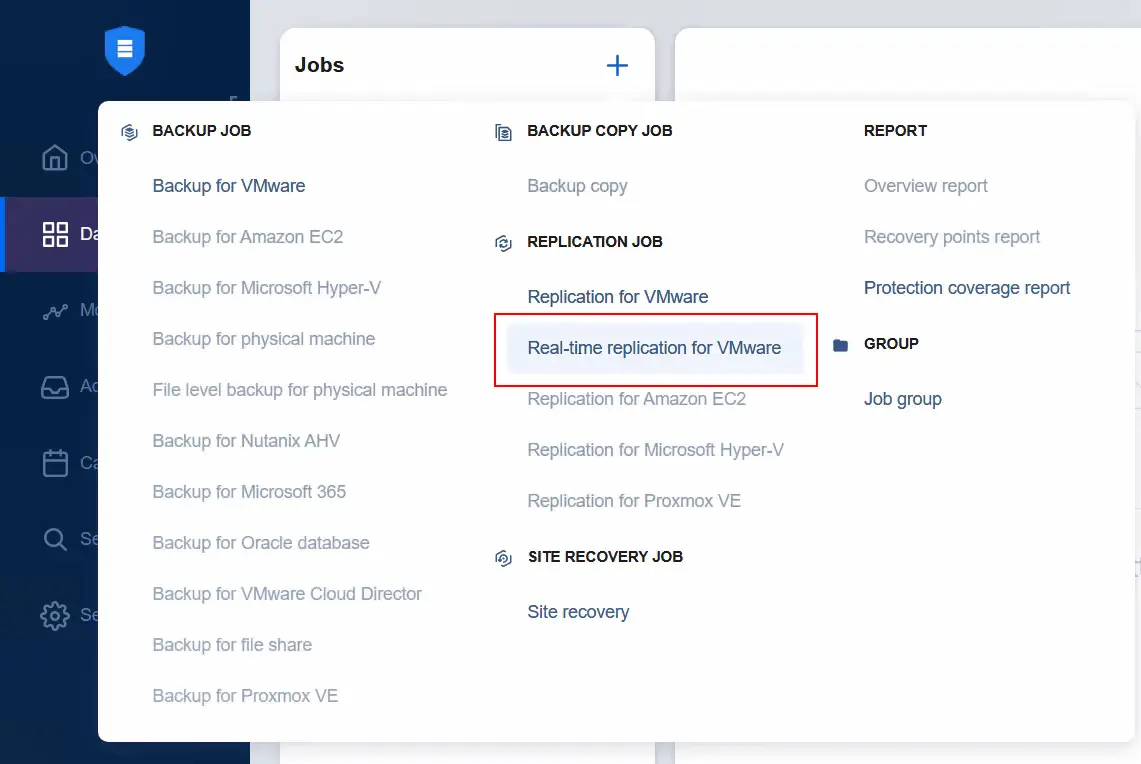 Creating a real-time replication job for VMware VMs