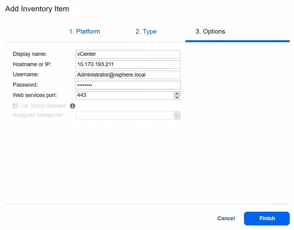 Options to add a vCenter Server to the inventory