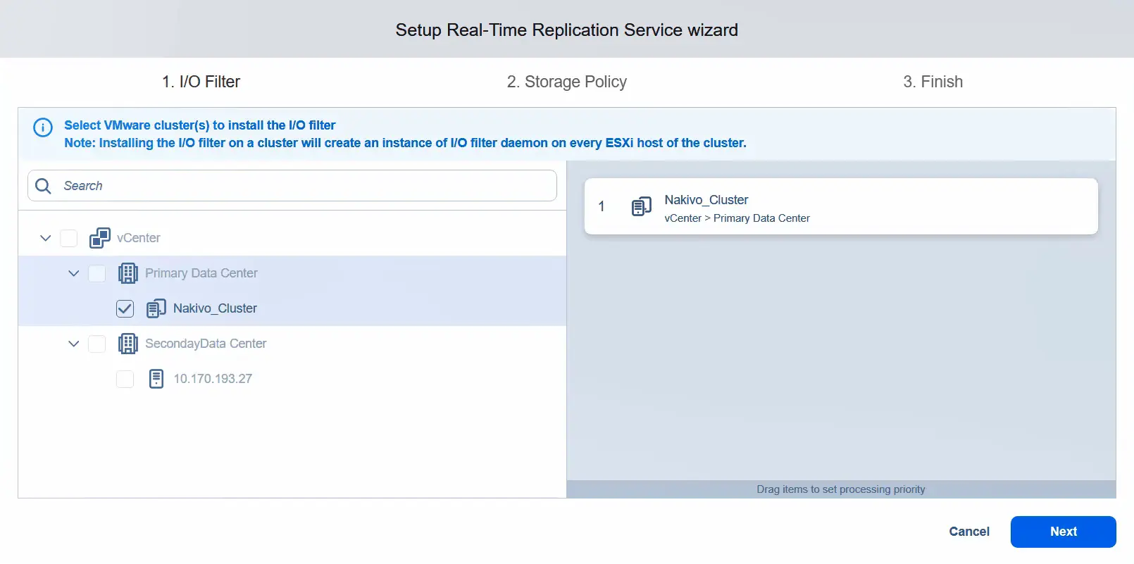 Selecting a VMware cluster to install the I/O filter