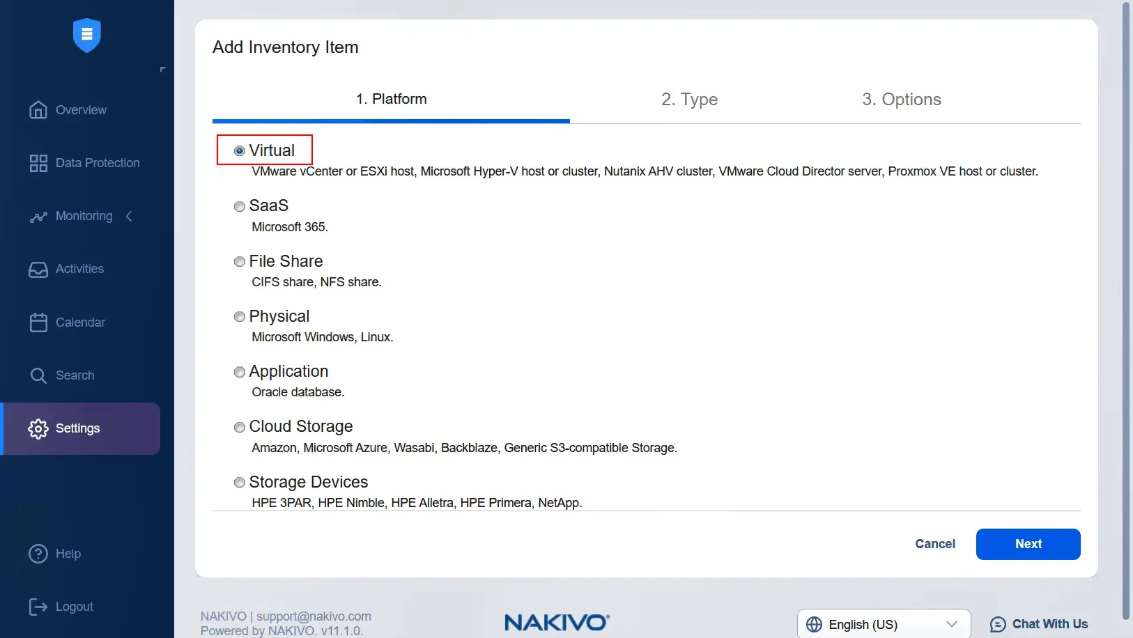 Selecting the Virtual platform