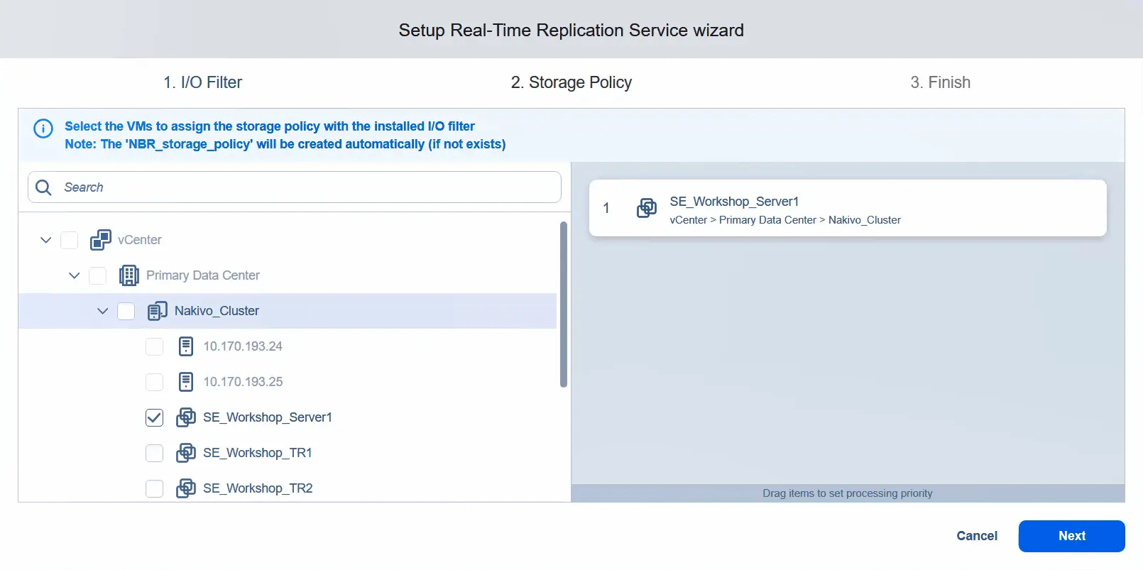 Selecting VMs to assign the storage policy