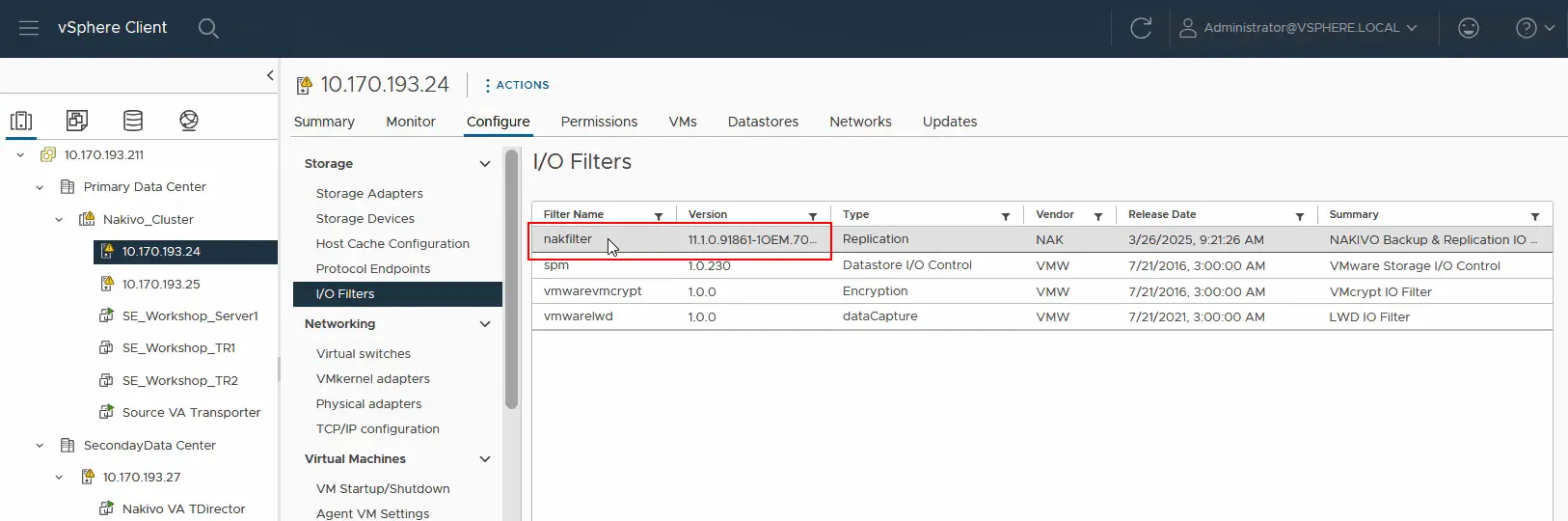 The NAKIVO I/O filter is installed on the ESXi host in the cluster