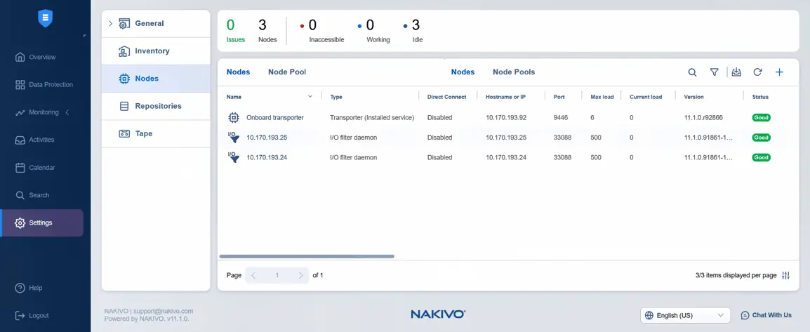 Viewing the I/O filter status on the Nodes page