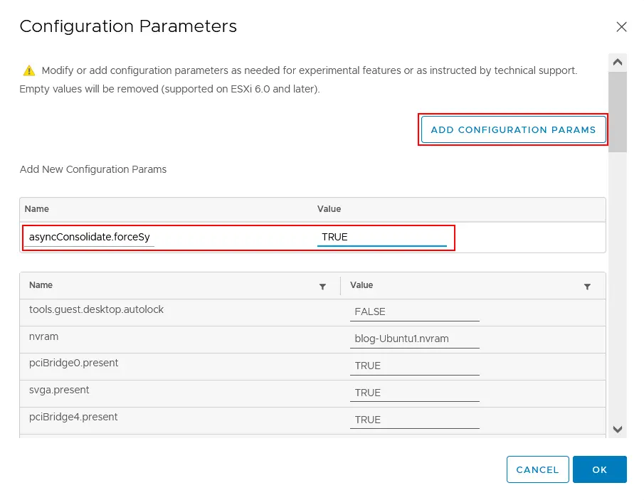Editing VM configuration parameters