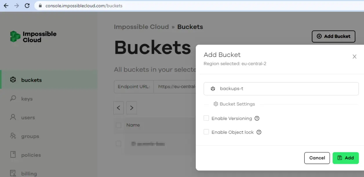 Creating a bucket in Impossible Cloud