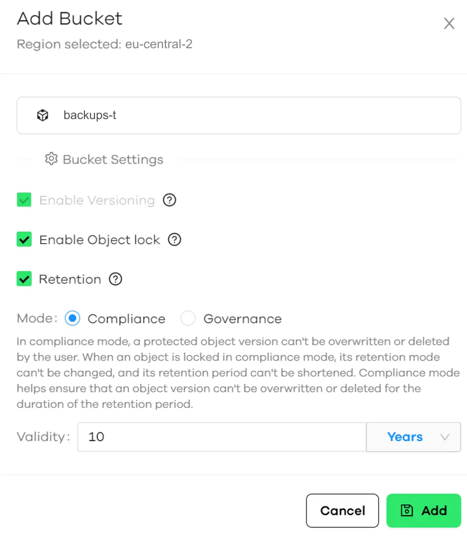 Enabling versioning and object lock in the new bucket properties