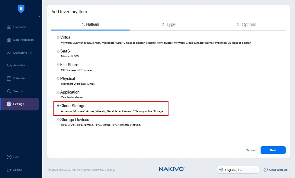 Selecting cloud storage