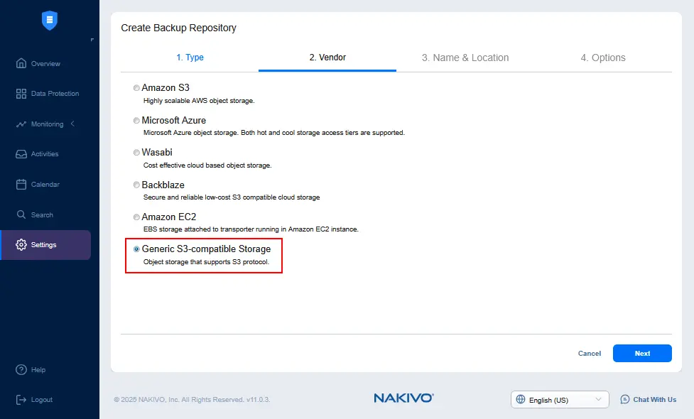 Selecting Generic S3-compatible storage