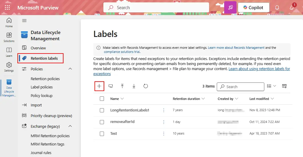 Configuring a retention label
