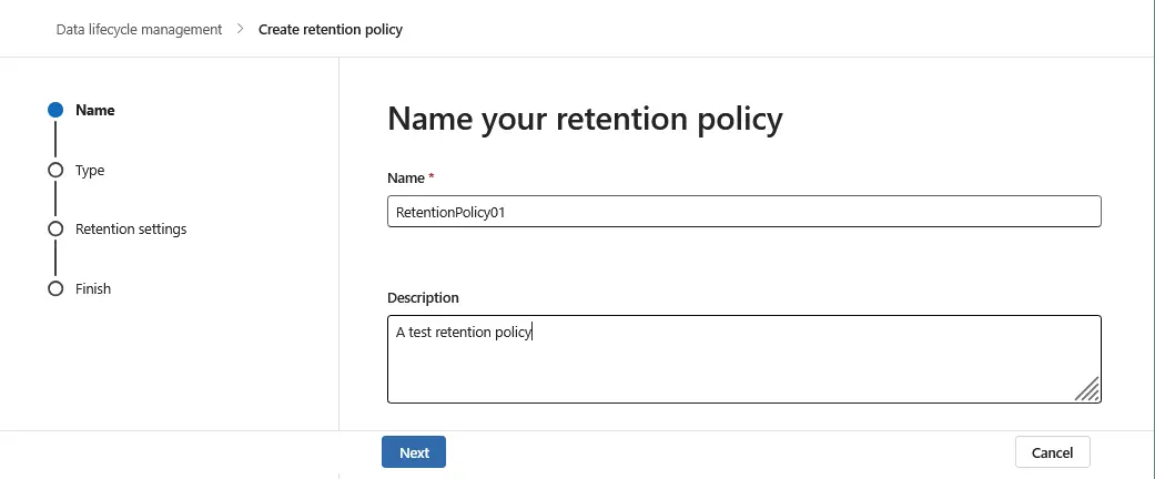 Entering a name and description for the new policy