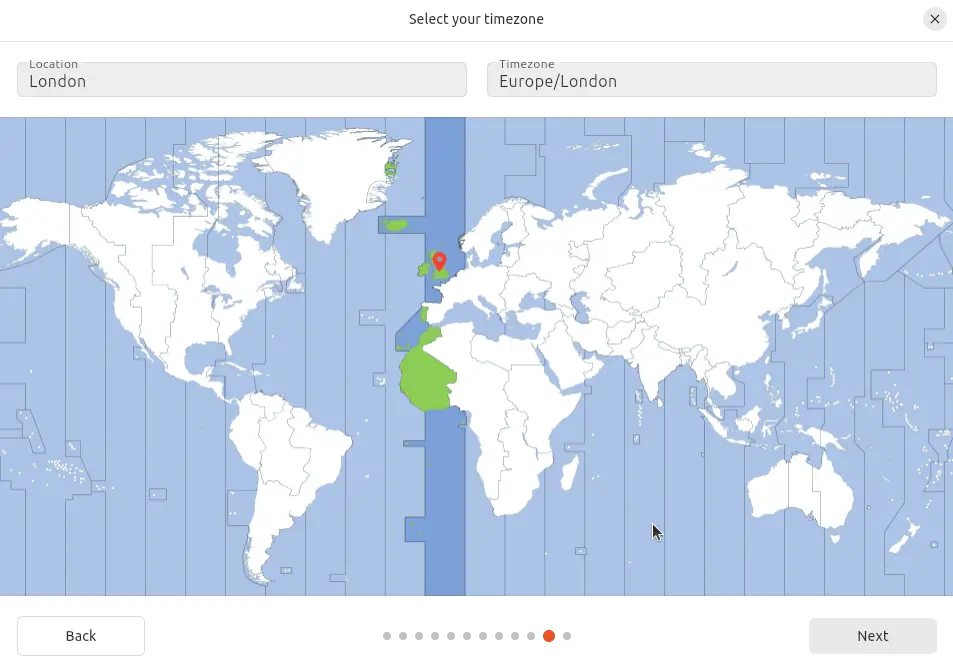 Selecting a location and a time zone for Ubuntu installation