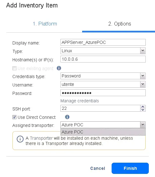 Configuring options for the Azure machine added to the inventory