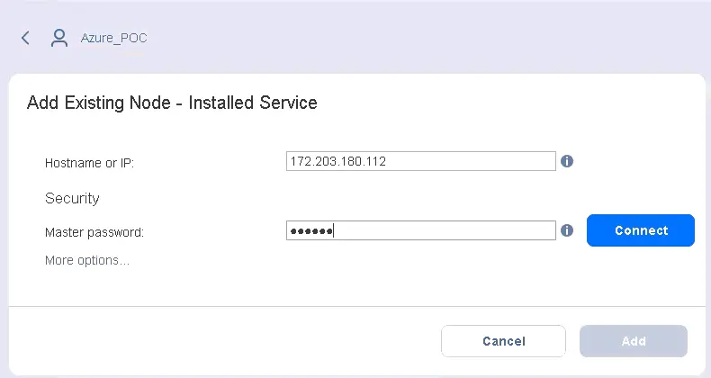 Entering the IP address of the installed Transporter VM and the master password
