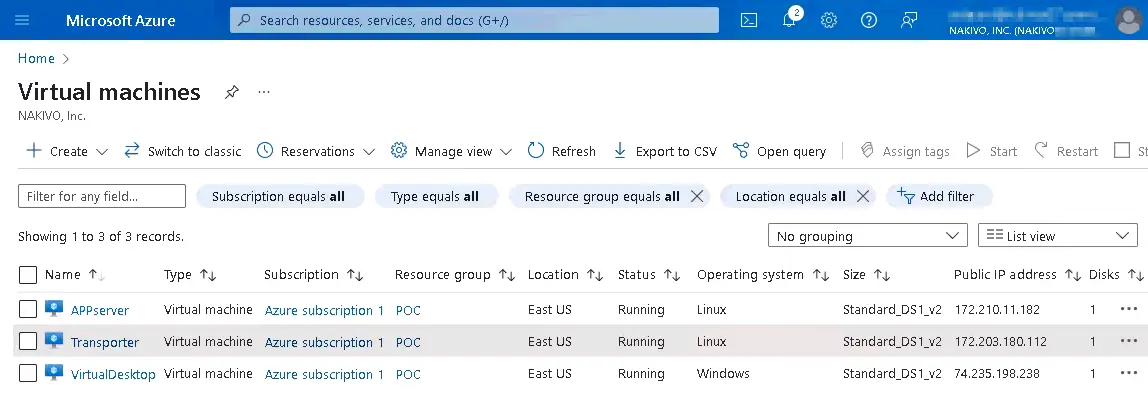 Our virtual machines in the Azure cloud