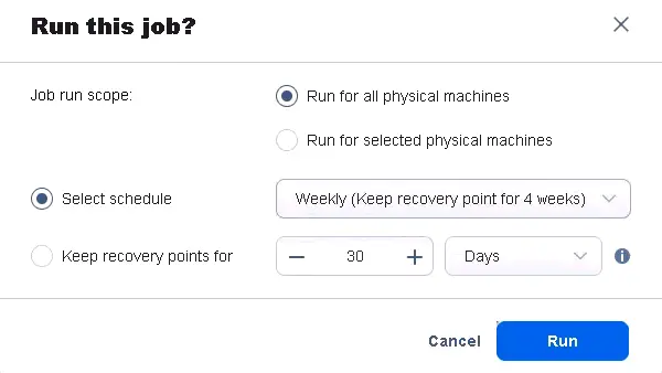 Selecting a job scope and schedule to run a backup job now