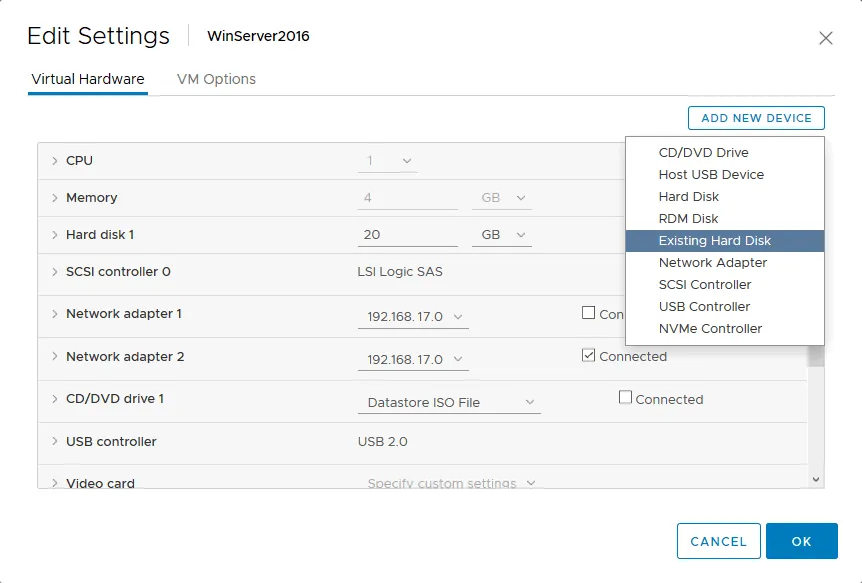 Adding a virtual disk to the healthy VM in vCenter